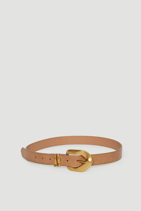 Tan leather belt with a distinctive gold buckle, combining classic style with a modern edge accessory.