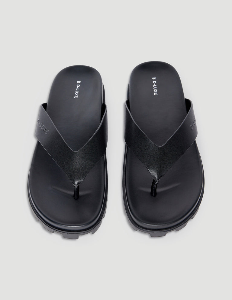 Pair of black chunky platform thong sandals with slip-on design and textured anti-slip sole viewed from above