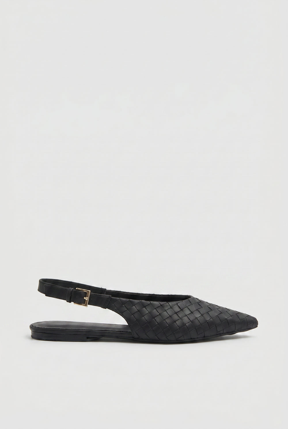 Black woven pointed slingback flat shoe with adjustable gold buckle strap and low heel