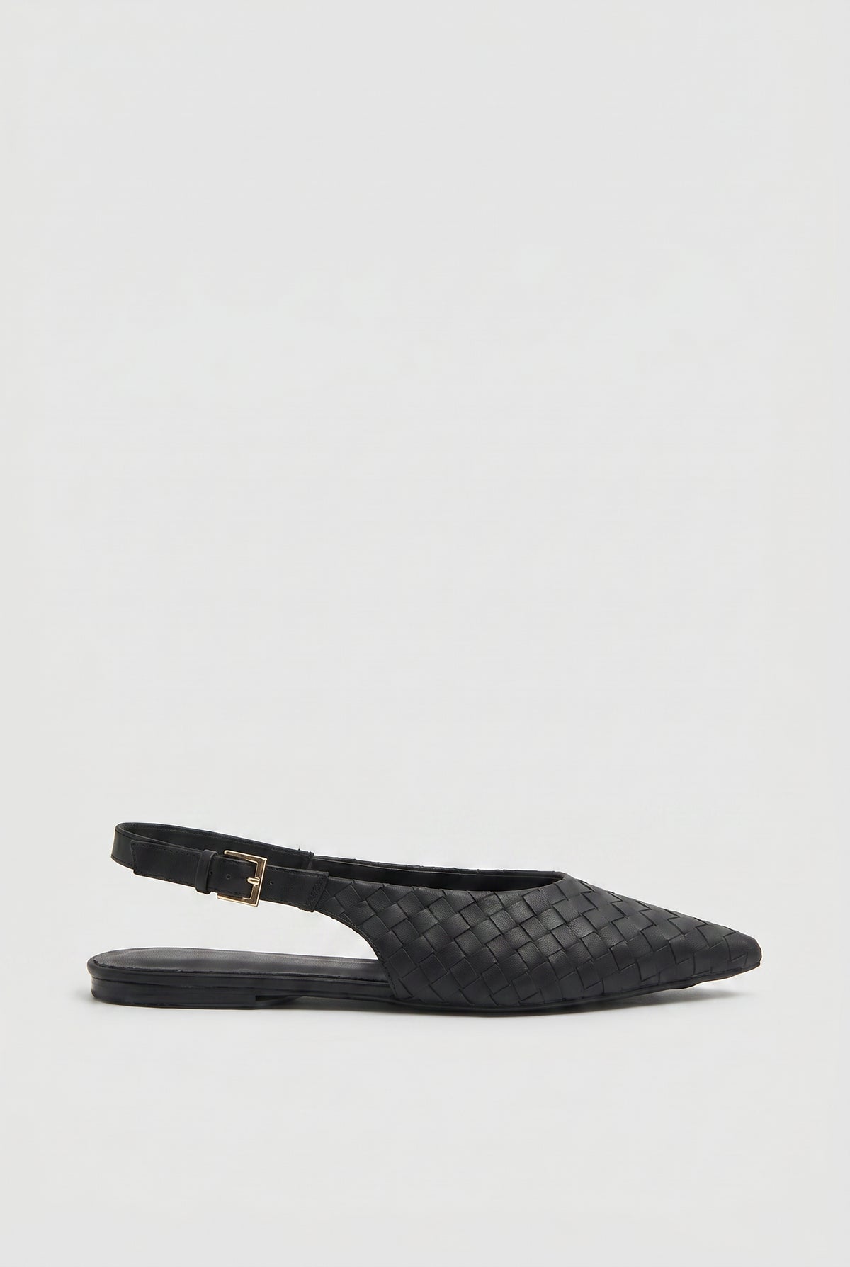 Black woven pointed slingback flat shoe with adjustable gold buckle strap and low heel