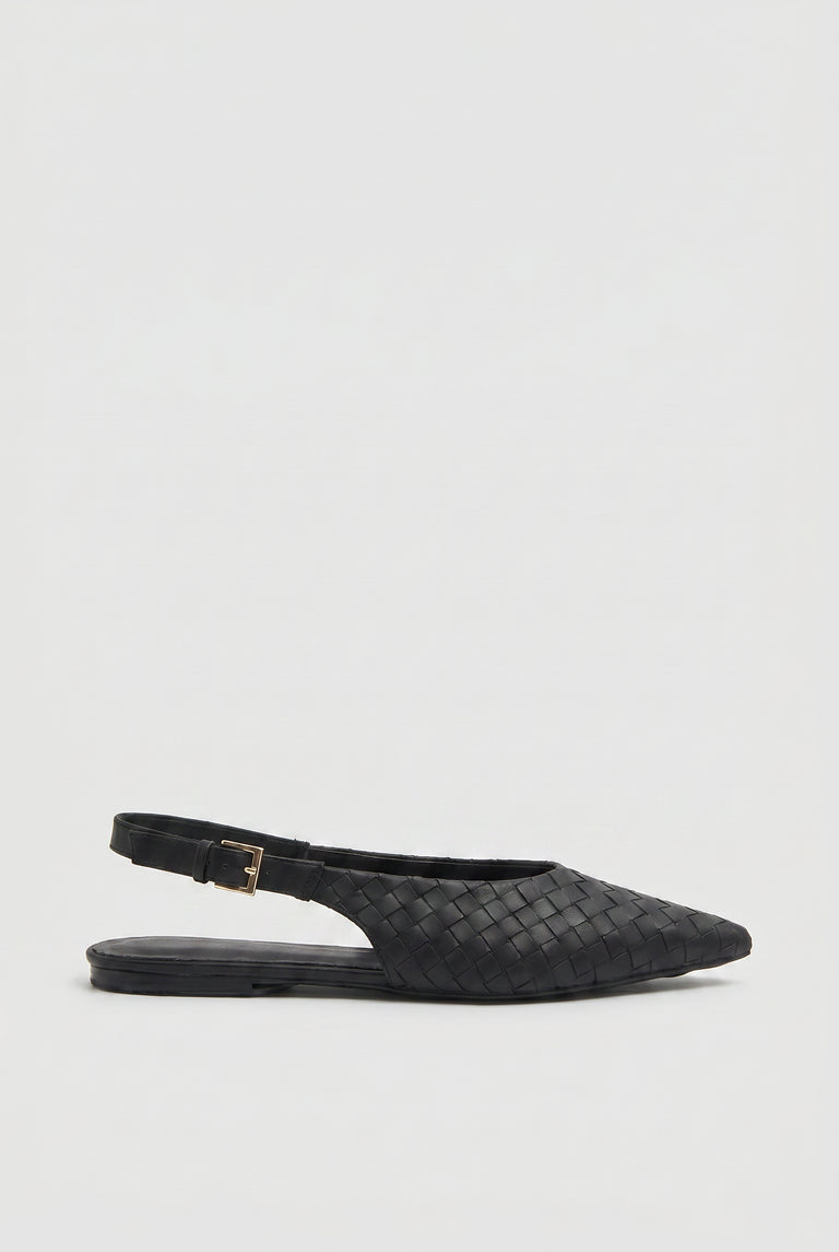 Black woven pointed slingback flat shoe with adjustable gold buckle strap and low heel