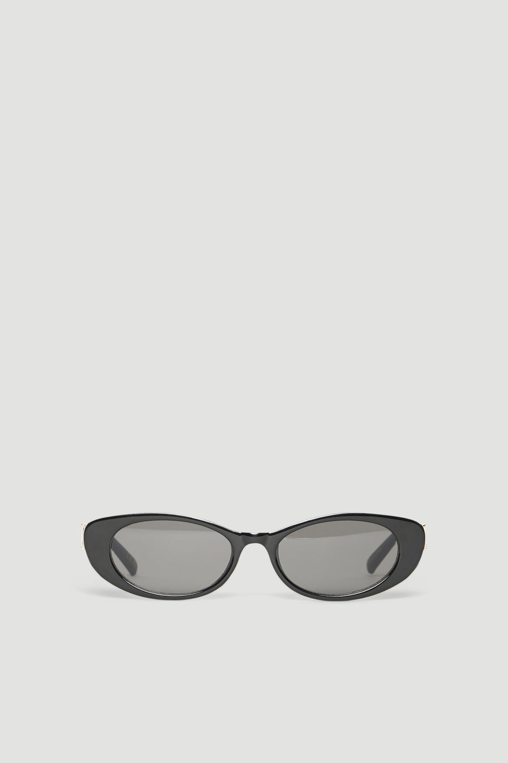 Oval black sunglasses with dark grey lenses and a slim curved frame
