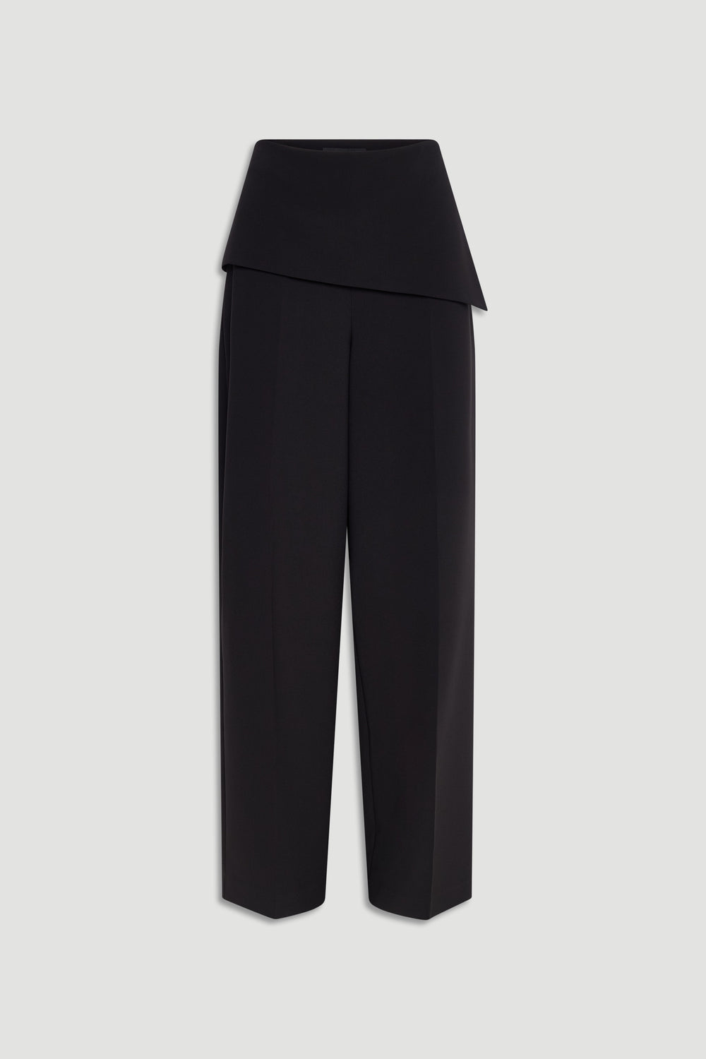 Black tailored pants featuring a unique foldover waistband and a sleek, straight-leg silhouette.