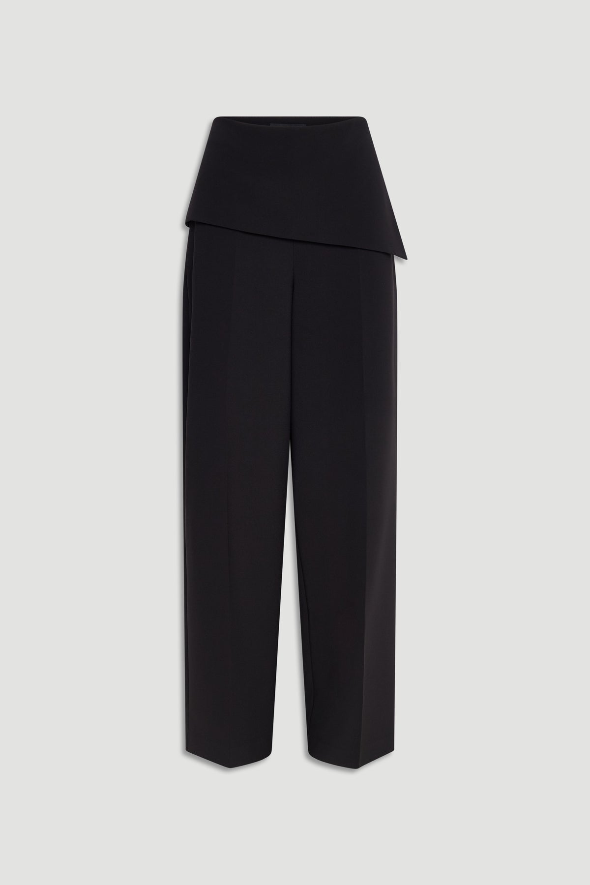 Black tailored pants featuring a unique foldover waistband and a sleek, straight-leg silhouette.