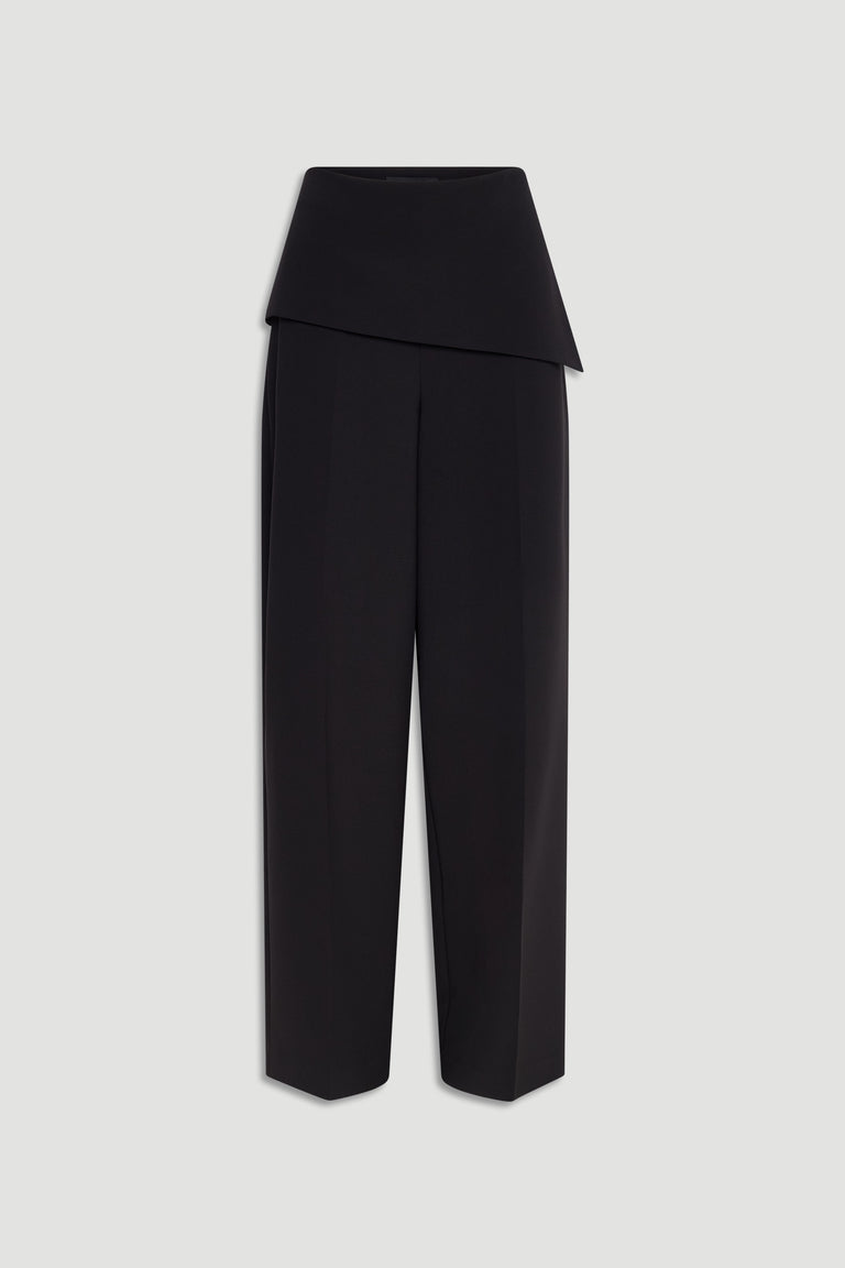 Black tailored pants featuring a unique foldover waistband and a sleek, straight-leg silhouette.