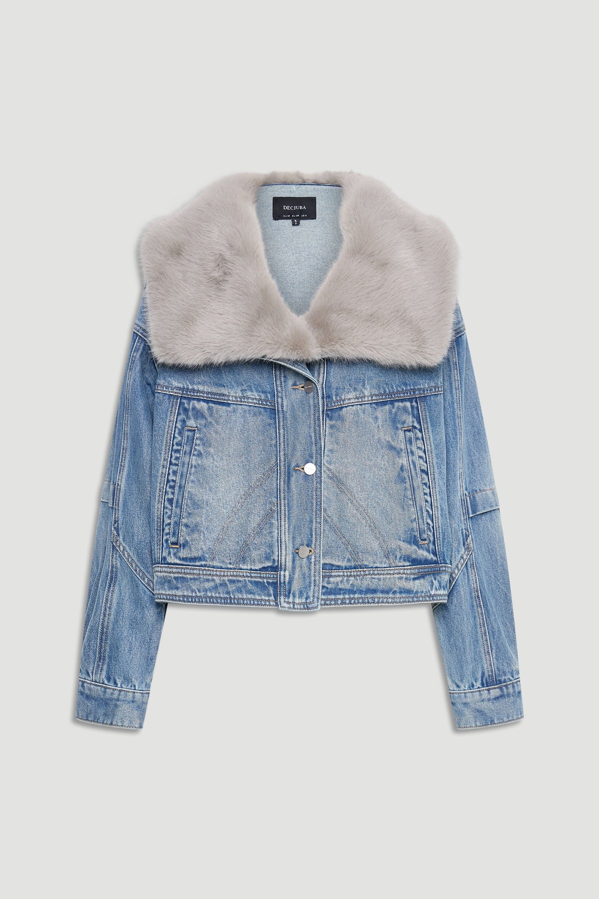 Light wash denim jacket featuring a soft, oversized fur collar for a stylish and cozy layered look.