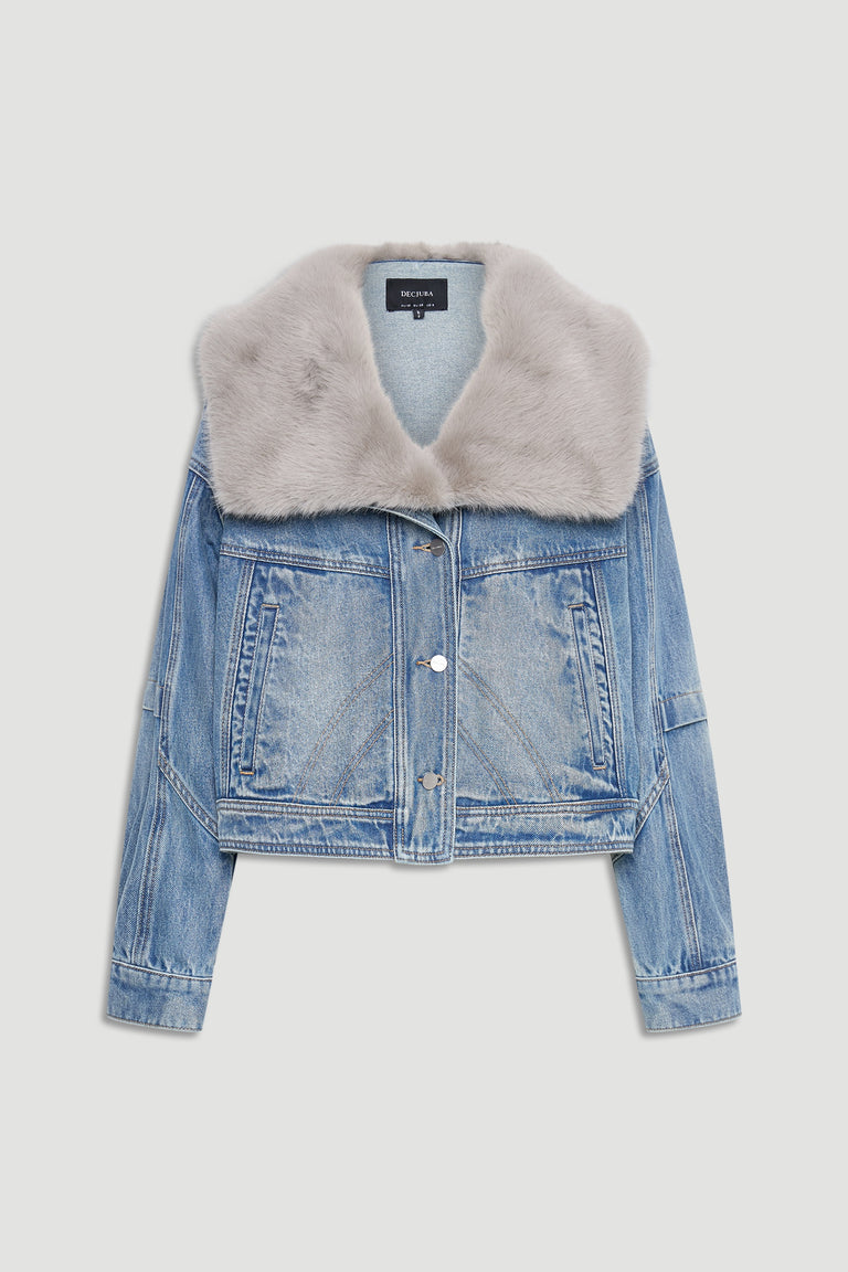 Light wash denim jacket featuring a soft, oversized fur collar for a stylish and cozy layered look.