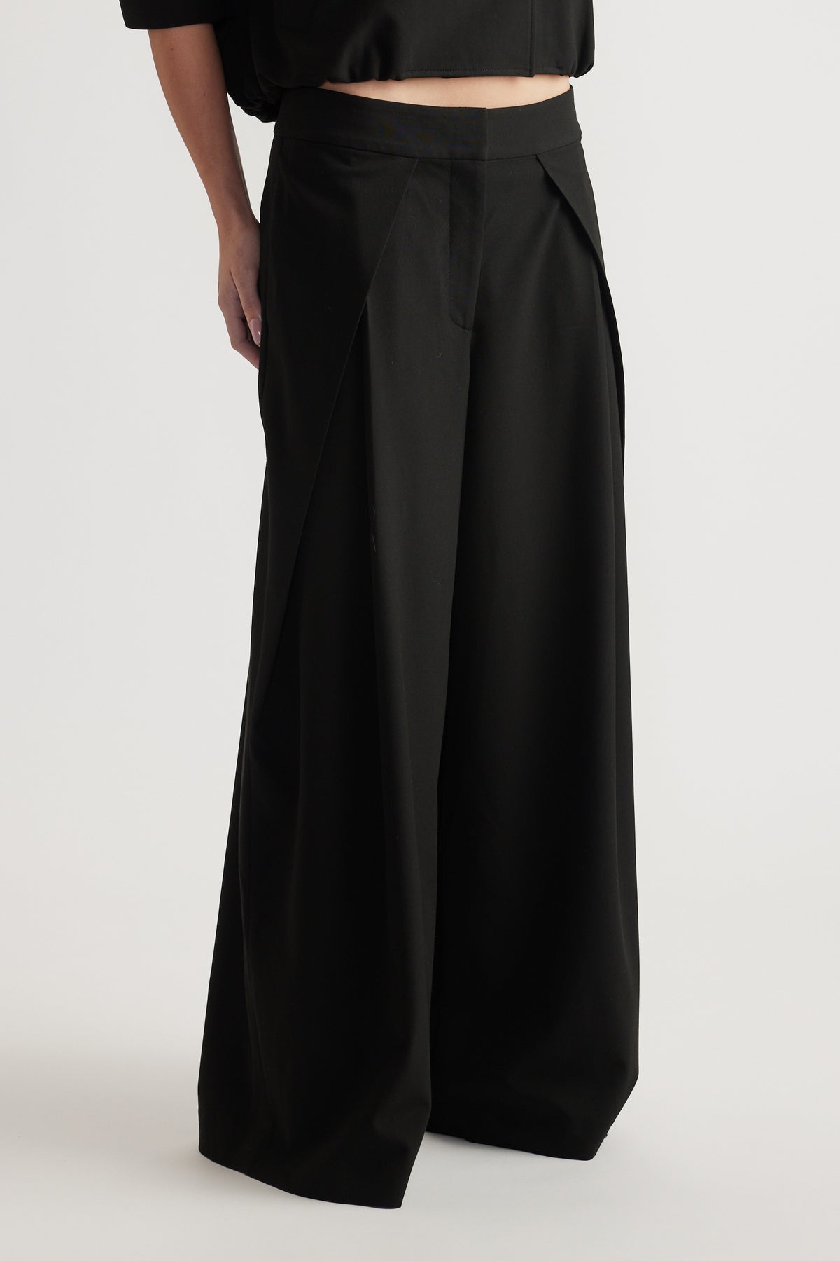 Front view of a model wearing high-rise wide leg black suit pants with pleat detailing and a soft drape finish