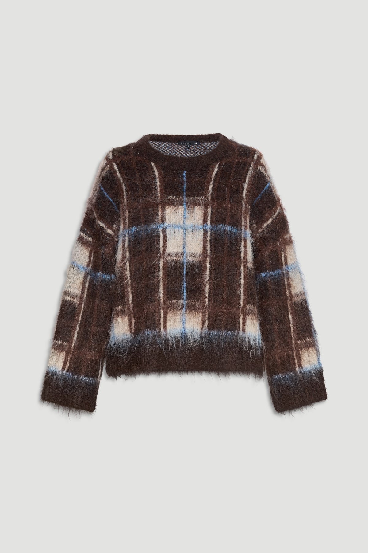 Soft textured crew neck knit jumper in rich brown plaid with cream and blue accents for cozy layering