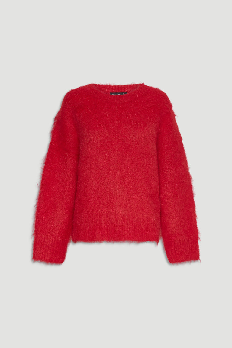 Soft red knit jumper with a crew neck and cozy fuzzy texture, designed for versatile everyday wear.