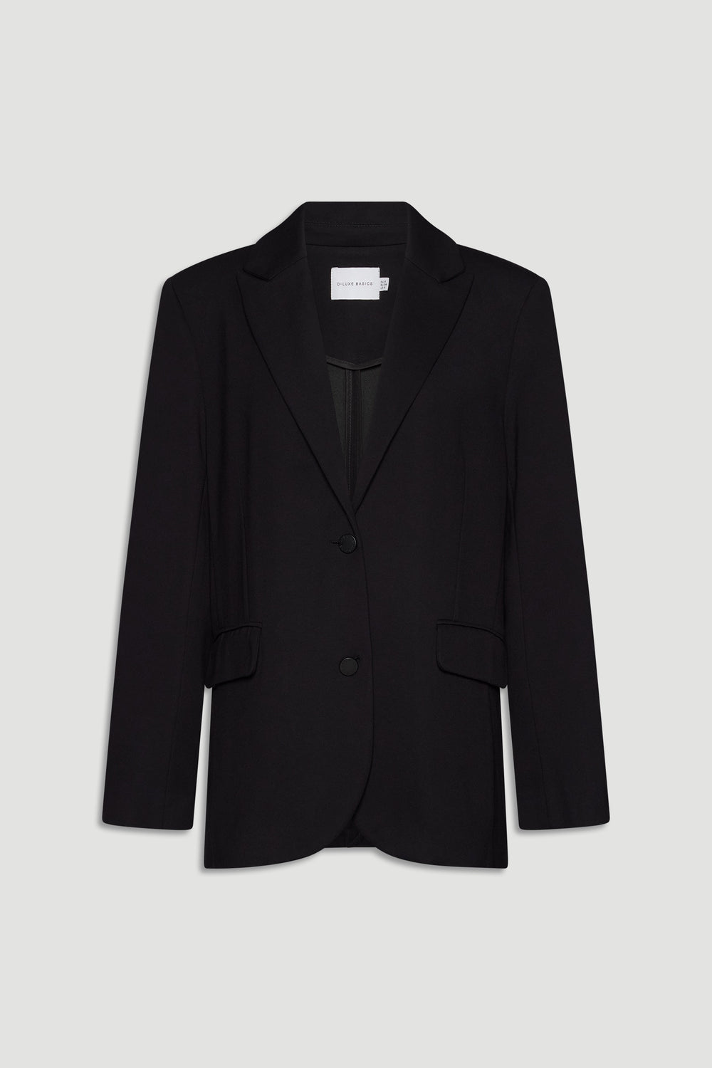 Black tailored blazer with notch lapels, two front flap pockets, and a sleek single-breasted silhouette.
