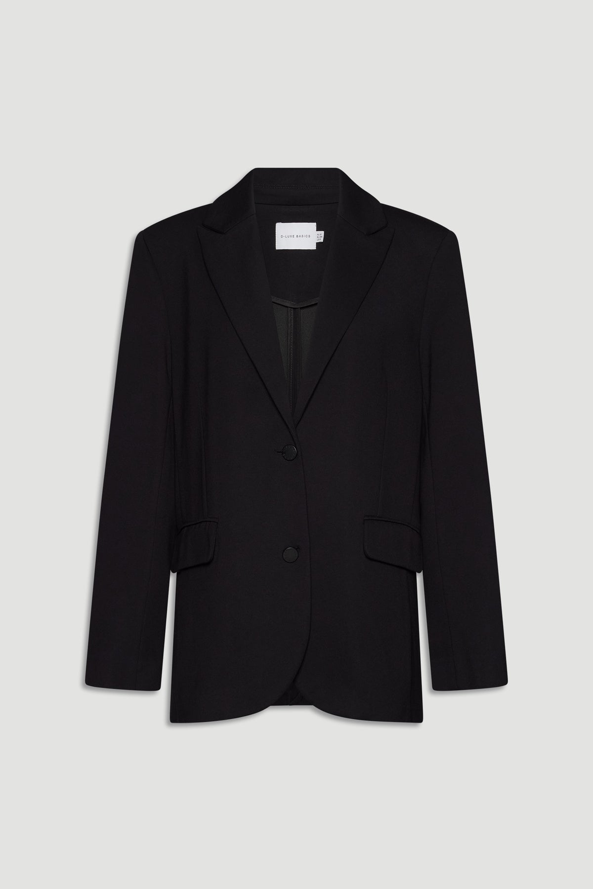 Black tailored blazer with notch lapels, two front flap pockets, and a sleek single-breasted silhouette.