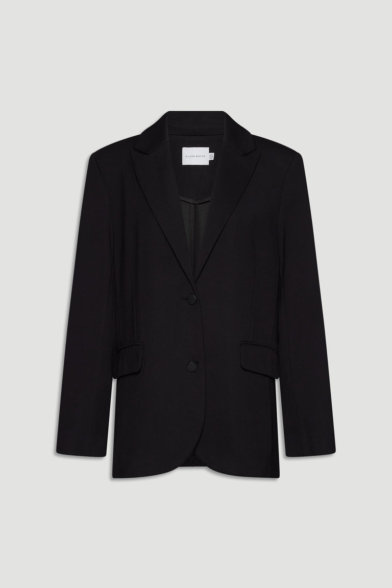 Black tailored blazer with notch lapels, two front flap pockets, and a sleek single-breasted silhouette.