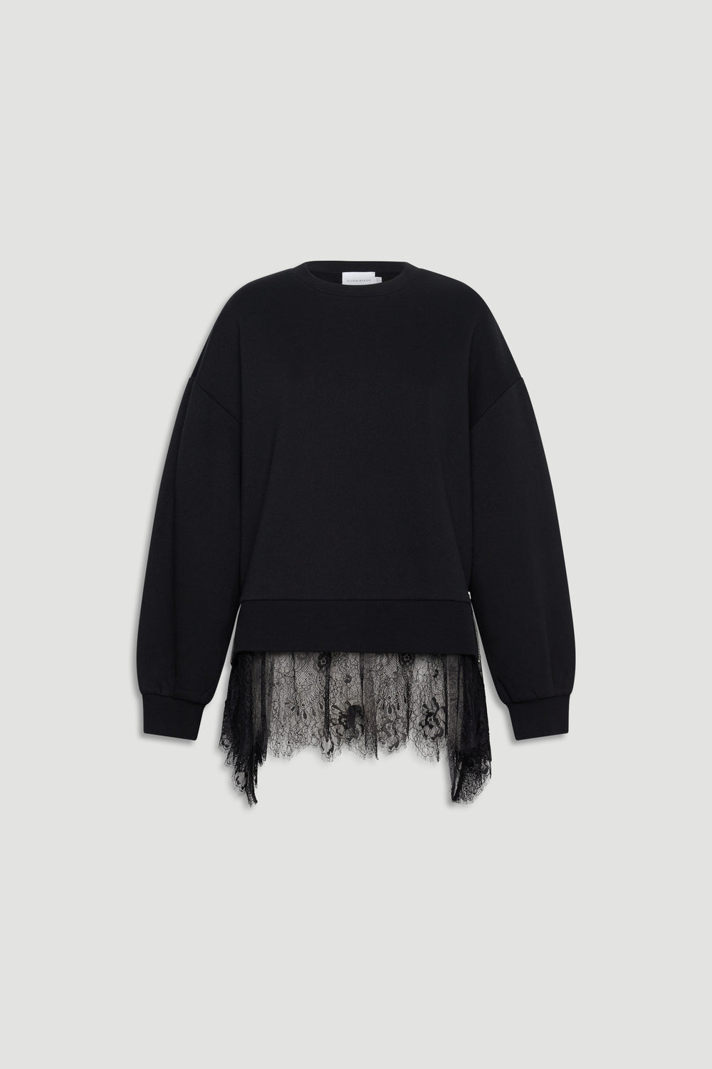 Black relaxed sweatshirt featuring delicate lace hem detailing for a stylish, effortless layering look.