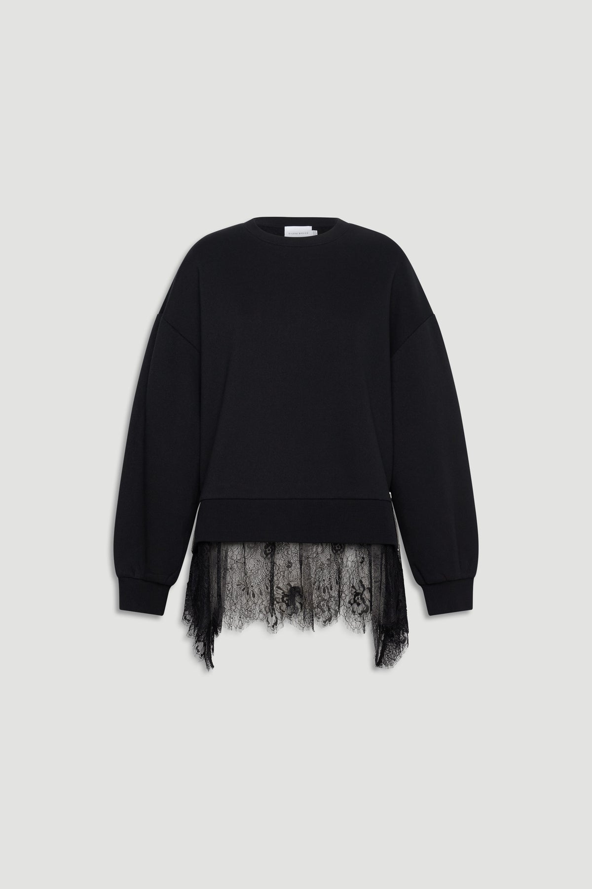 Black relaxed sweatshirt featuring delicate lace hem detailing for a stylish, effortless layering look.