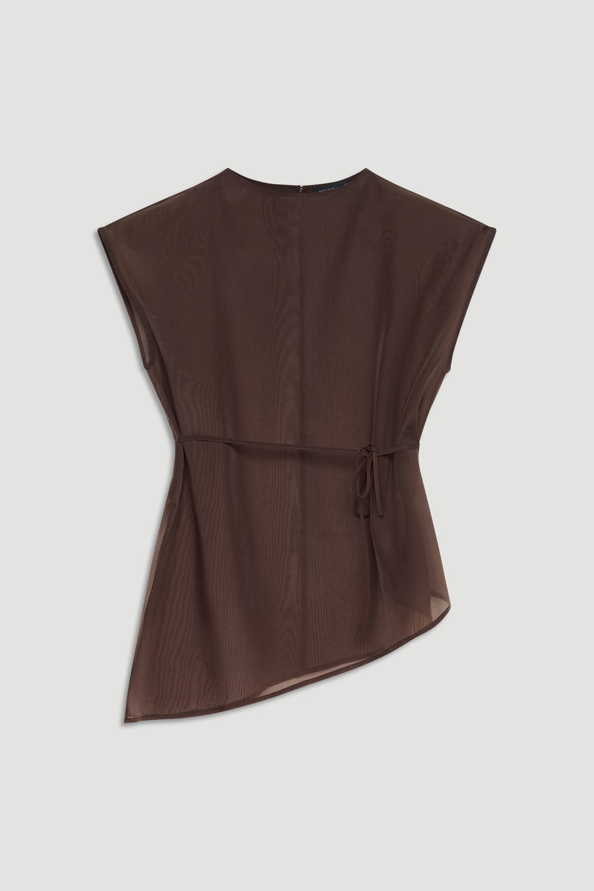 Brown sleeveless sheer top with high neckline, adjustable side tie, asymmetric hem, and back zip closure displayed flat.
