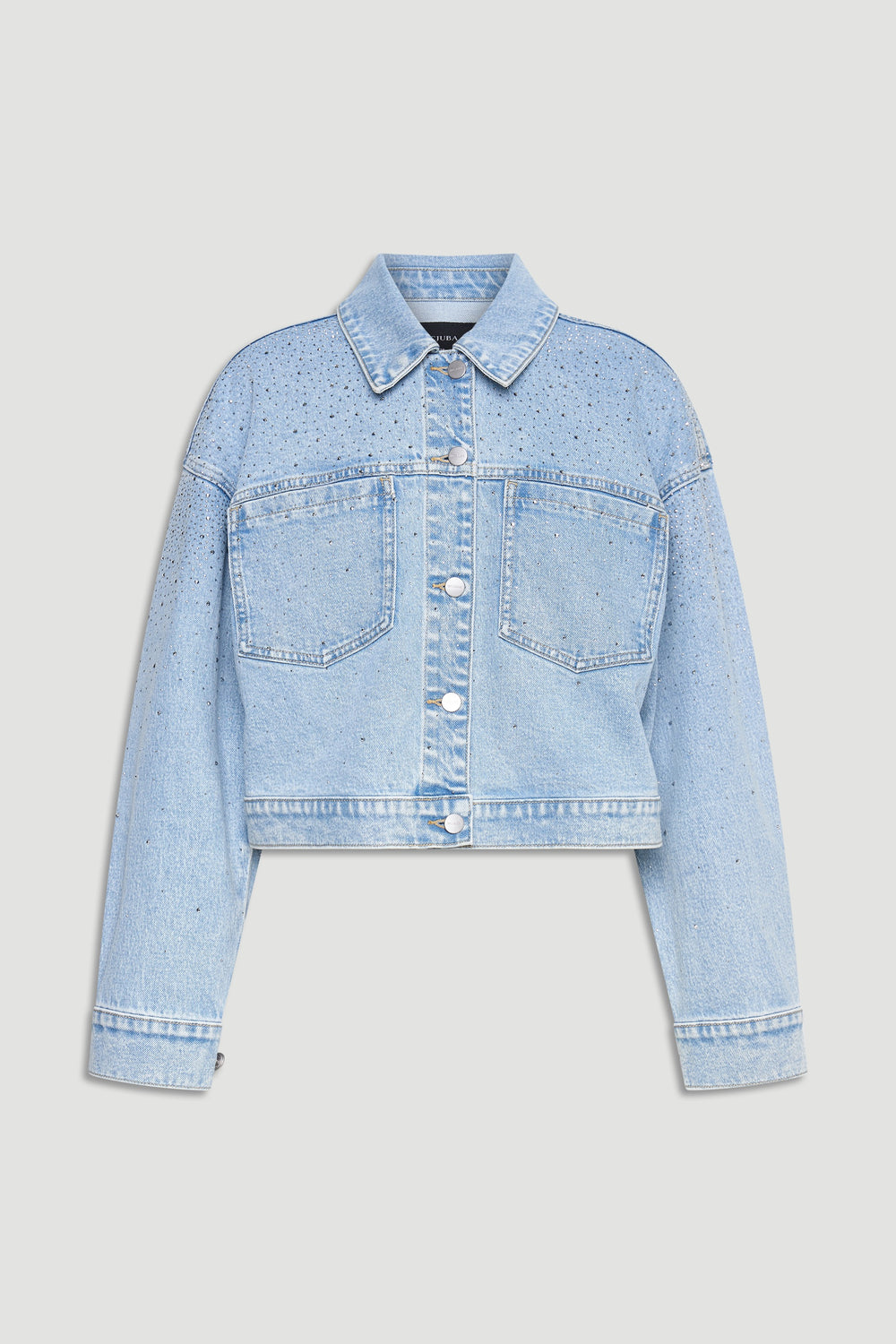 Light wash denim jacket with rhinestone embellishments and classic button-front closure for a stylish casual look.