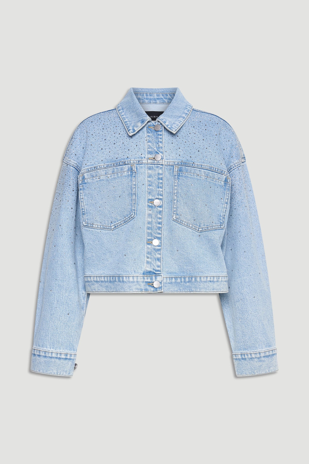 Light wash denim jacket with rhinestone embellishments and classic button-front closure for a stylish casual look.
