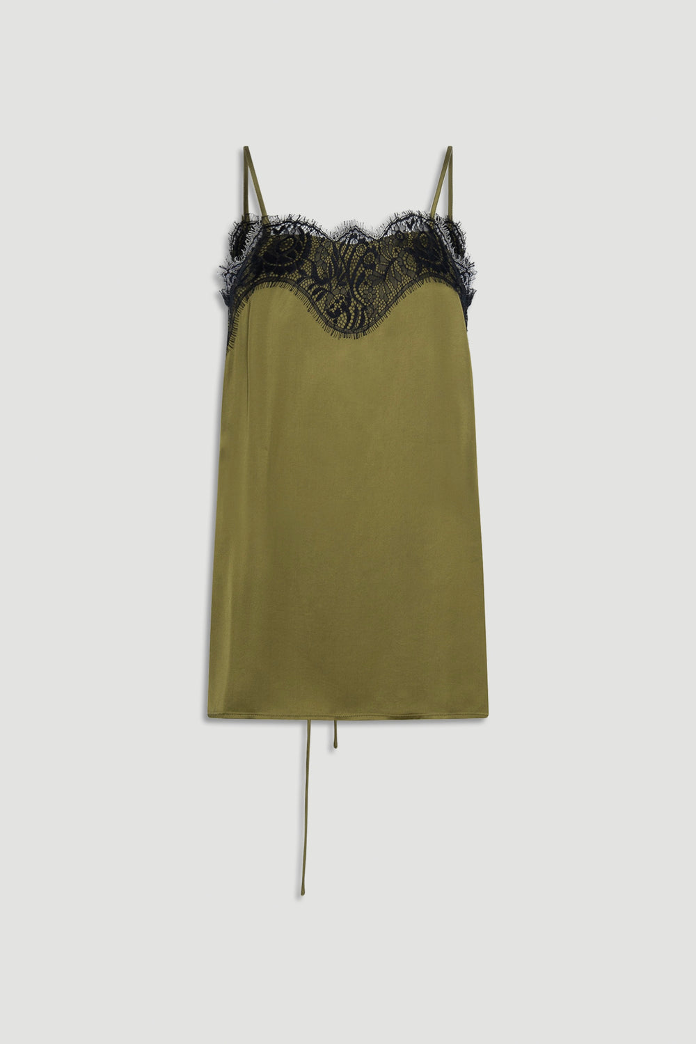 Olive green slip dress with delicate black lace trim along the neckline and thin shoulder straps.