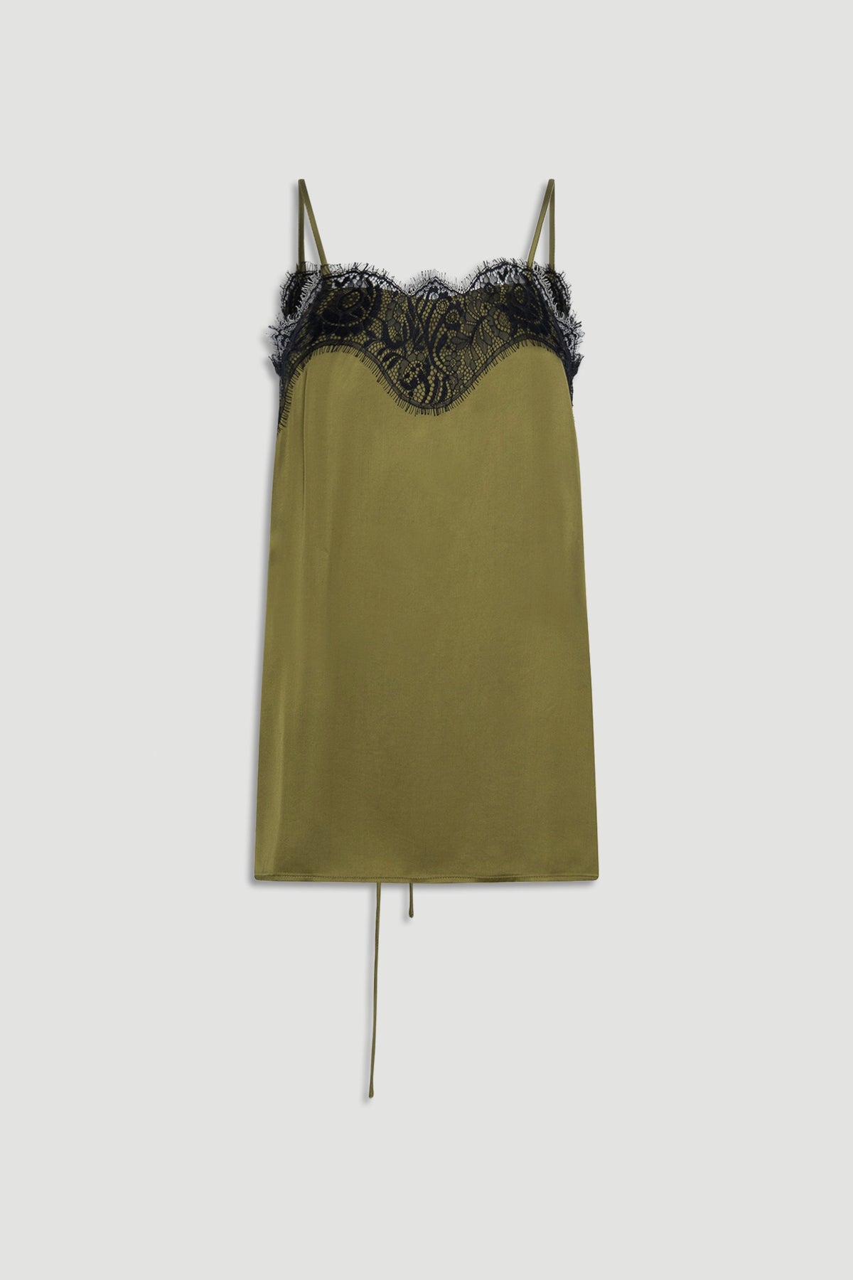 Olive green slip dress with delicate black lace trim along the neckline and thin shoulder straps.