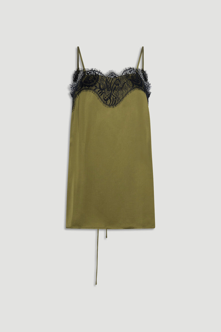 Olive green slip dress with delicate black lace trim along the neckline and thin shoulder straps.