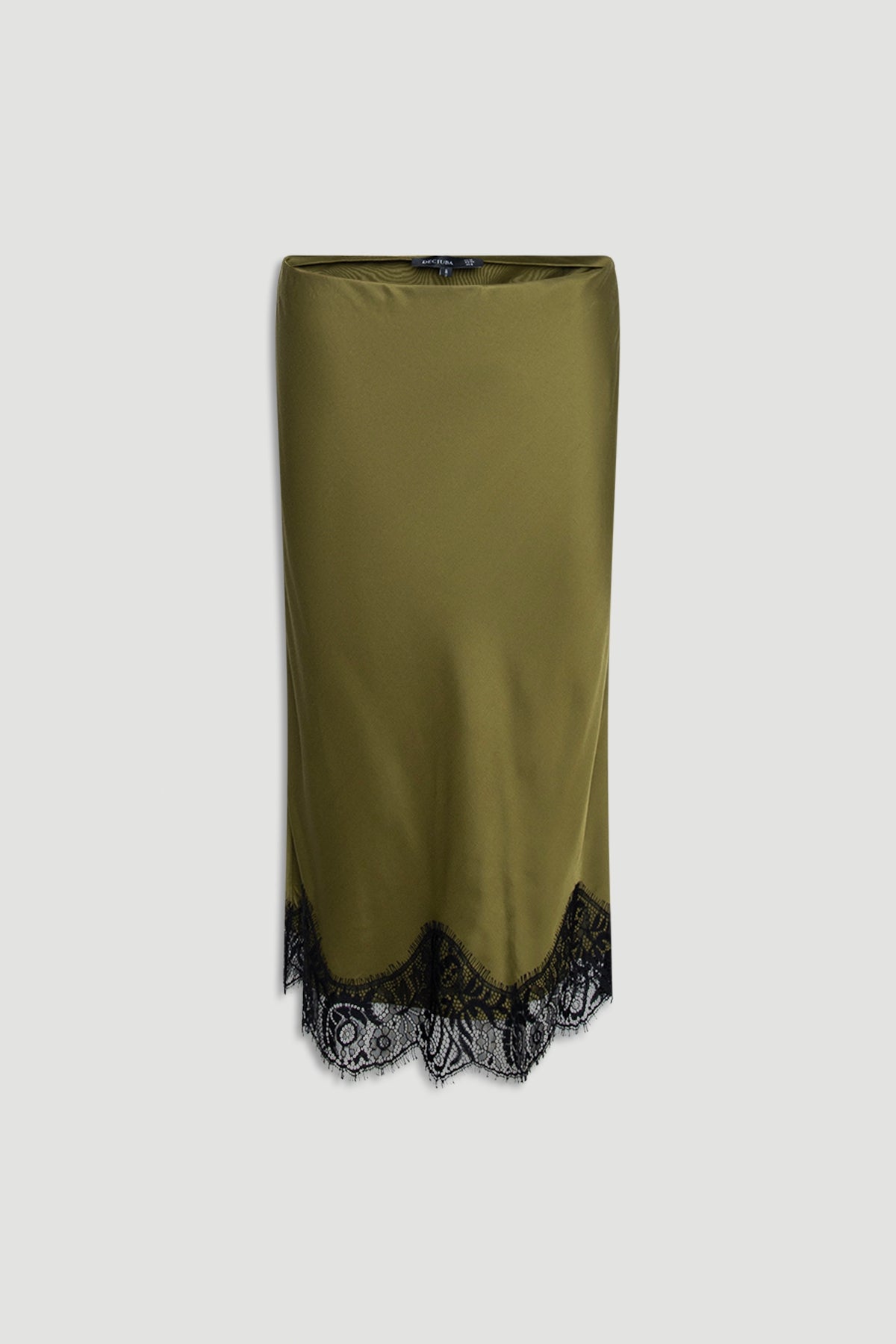 Olive green midi skirt with delicate black lace trim along the scalloped hem for an elegant finish