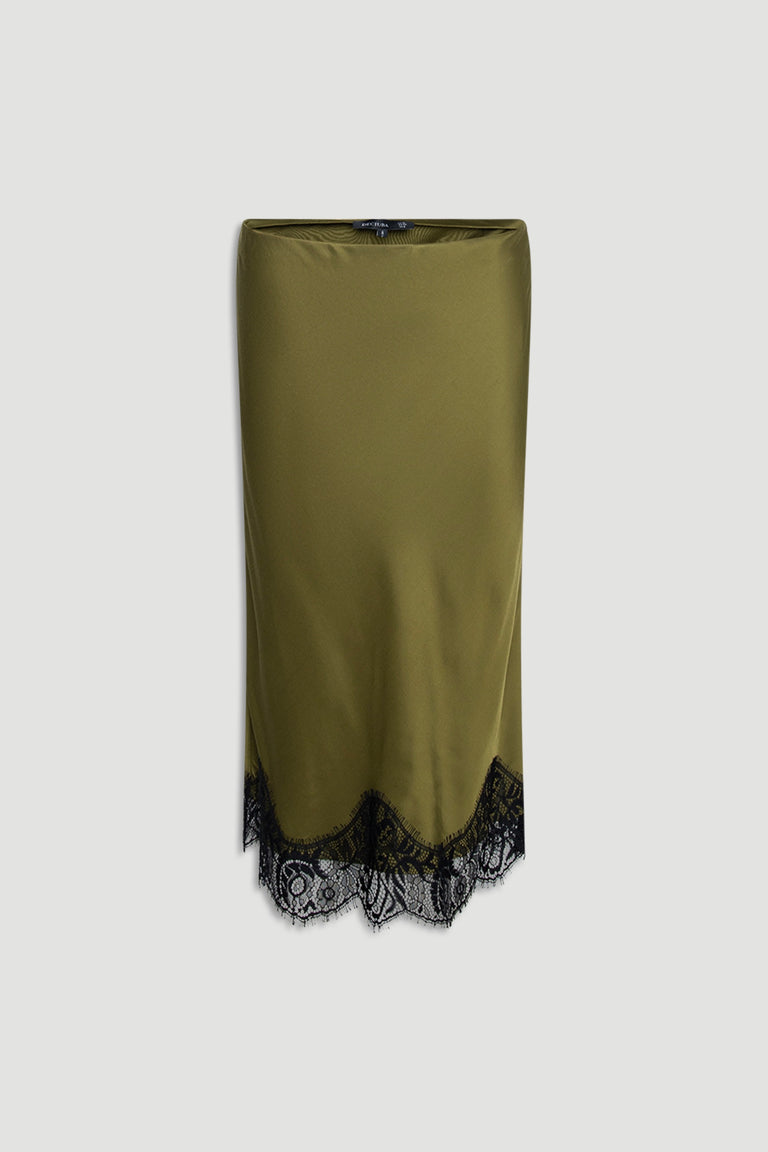 Olive green midi skirt with delicate black lace trim along the scalloped hem for an elegant finish