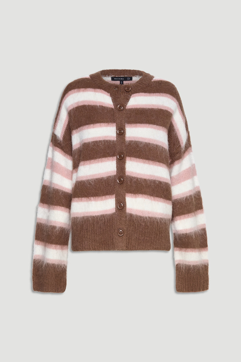 Soft striped cardigan in warm brown, pink, and cream tones with a button-up front and relaxed fit.