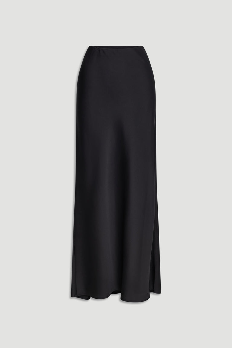 Elegant long black satin skirt with a smooth finish and flattering high-waist silhouette for versatile styling.