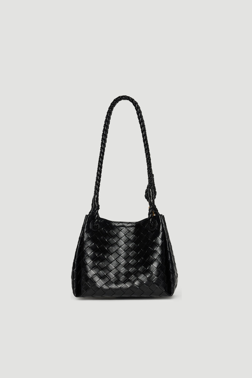 Medium-sized black shoulder bag with woven leather design and braided strap against plain background