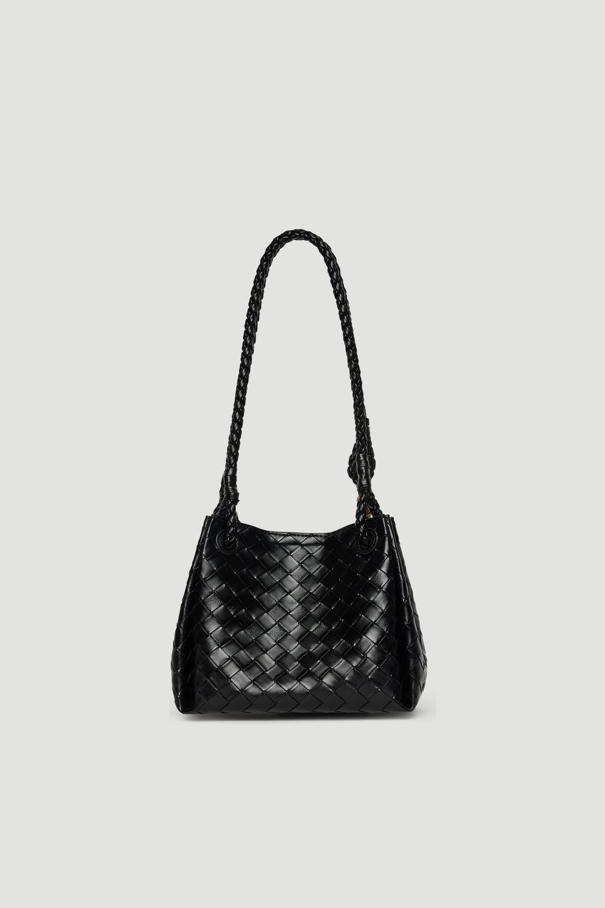 Medium-sized black shoulder bag with woven leather design and braided strap against plain background