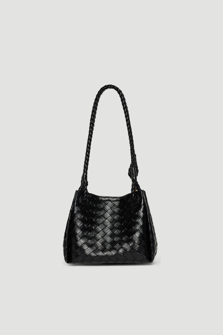 Medium-sized black shoulder bag with woven leather design and braided strap against plain background