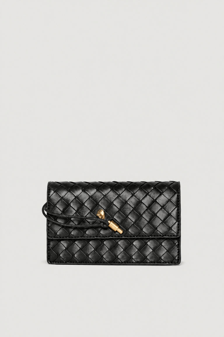 Black woven crossbody bag with quilted texture and gold clasp closure
