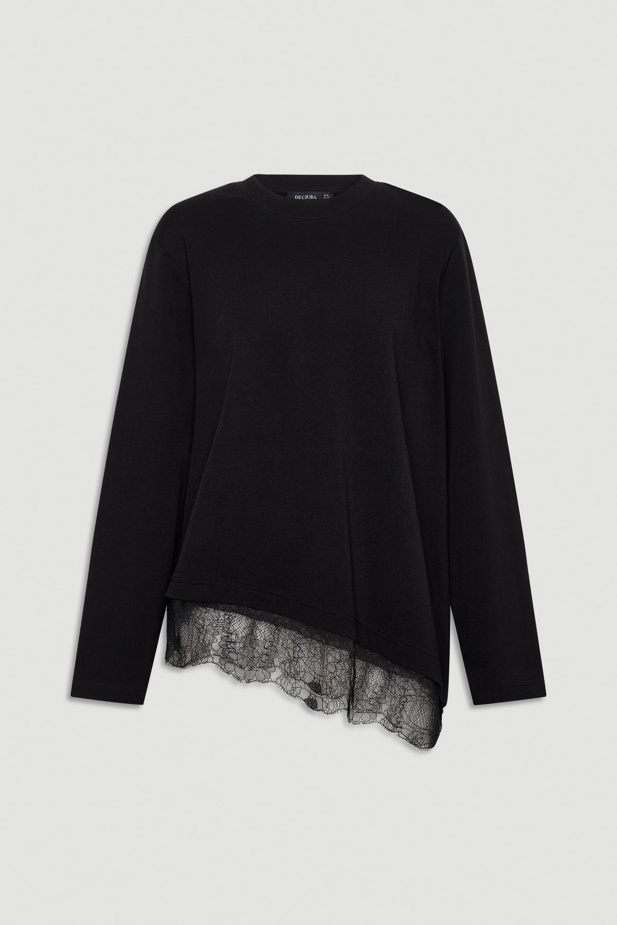 Black long sleeve top with an asymmetrical hem and delicate lace trim for a stylish, effortless look.