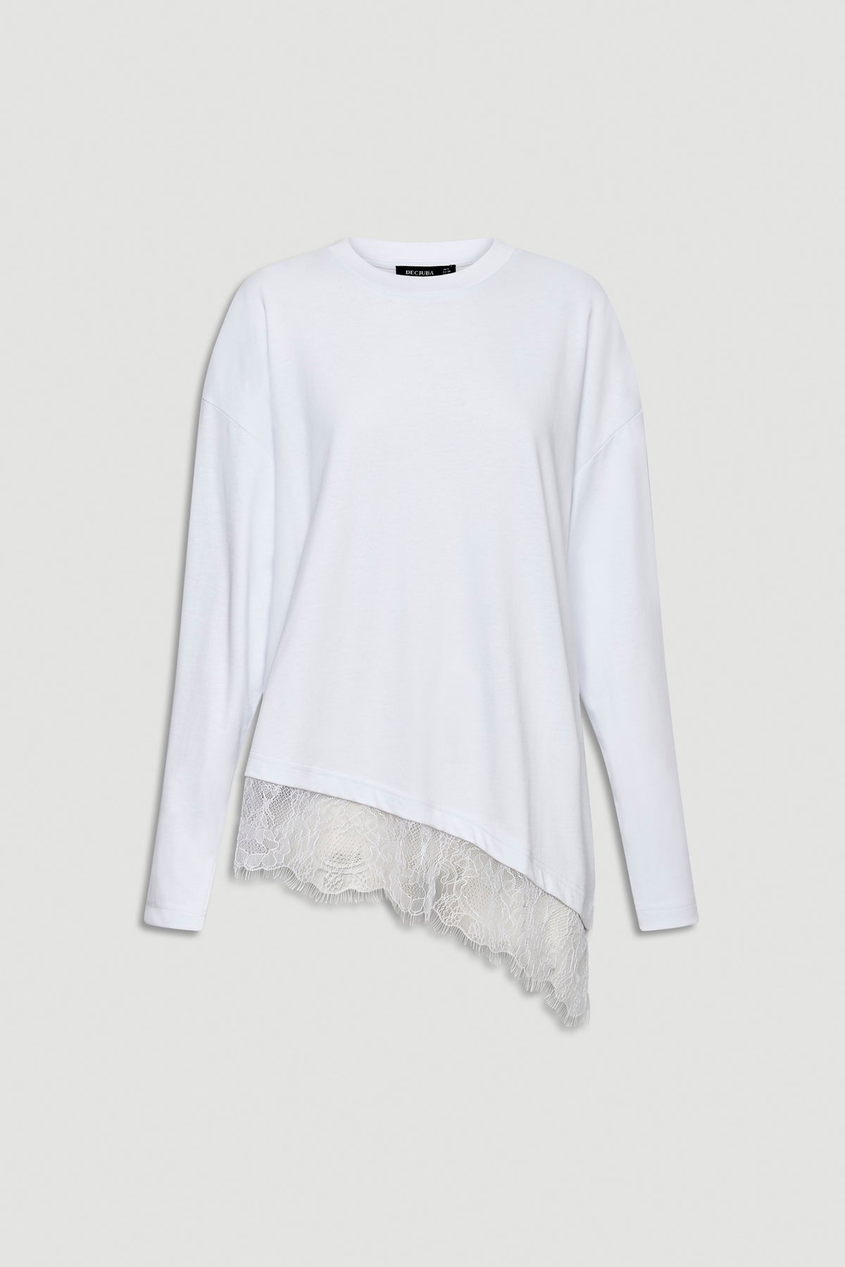 White long sleeve top with an asymmetrical hemline featuring delicate lace trim for effortless style.
