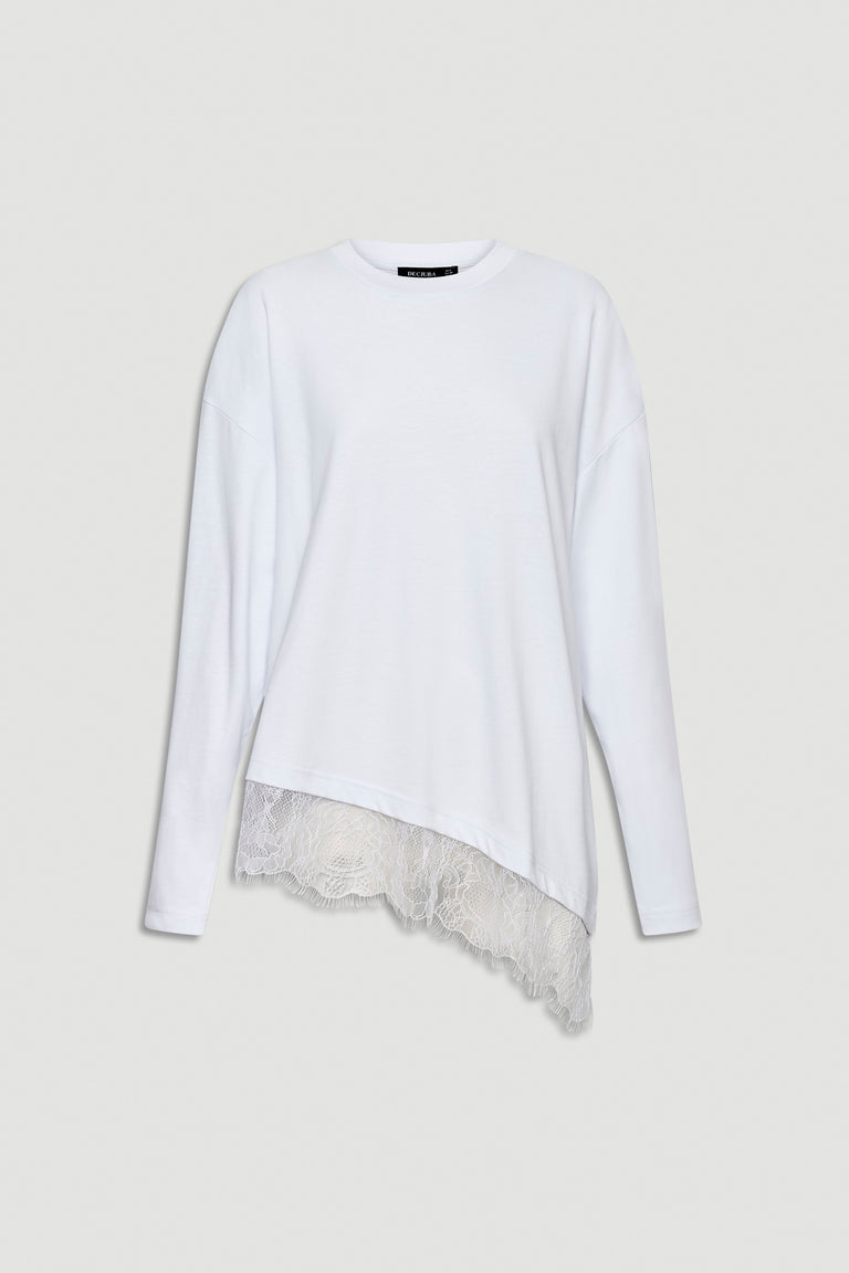 White long sleeve top with an asymmetrical hemline featuring delicate lace trim for effortless style.