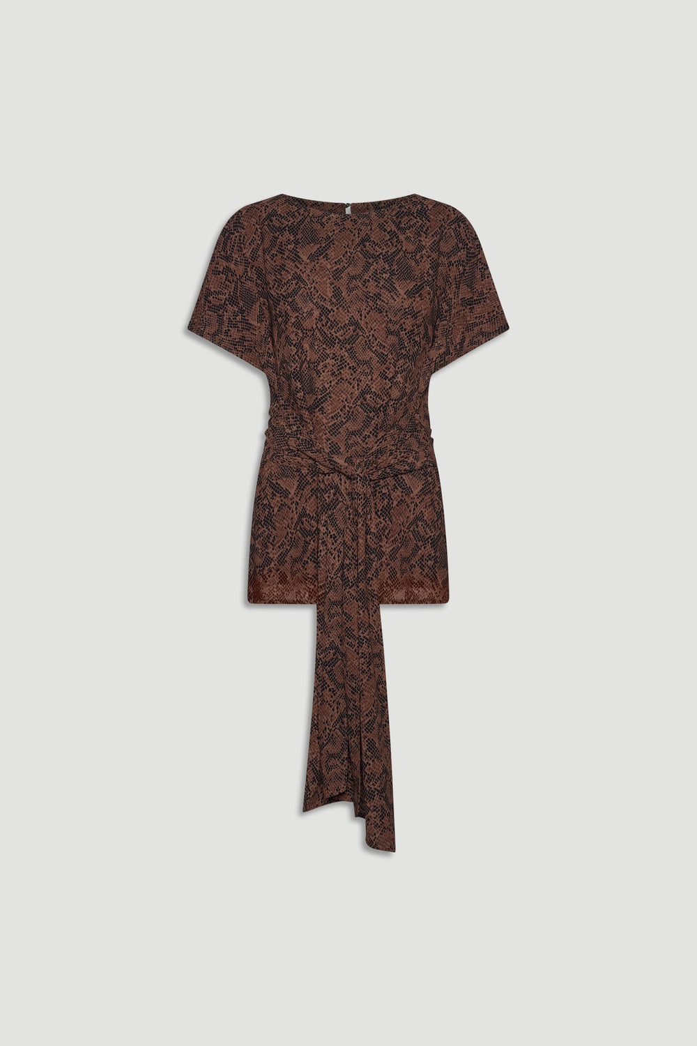 Short brown tie-front tunic with a subtle snake print pattern and relaxed short sleeves for effortless style
