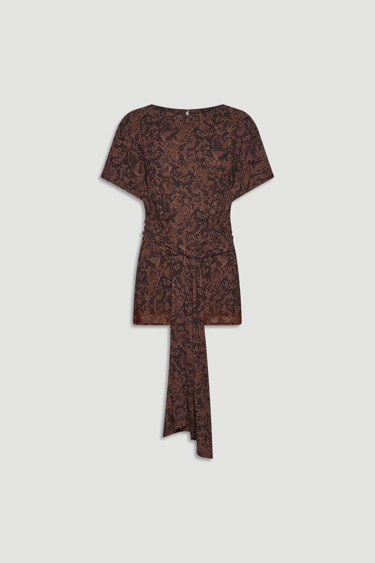 Short brown tie-front tunic with a subtle snake print pattern and relaxed short sleeves for effortless style