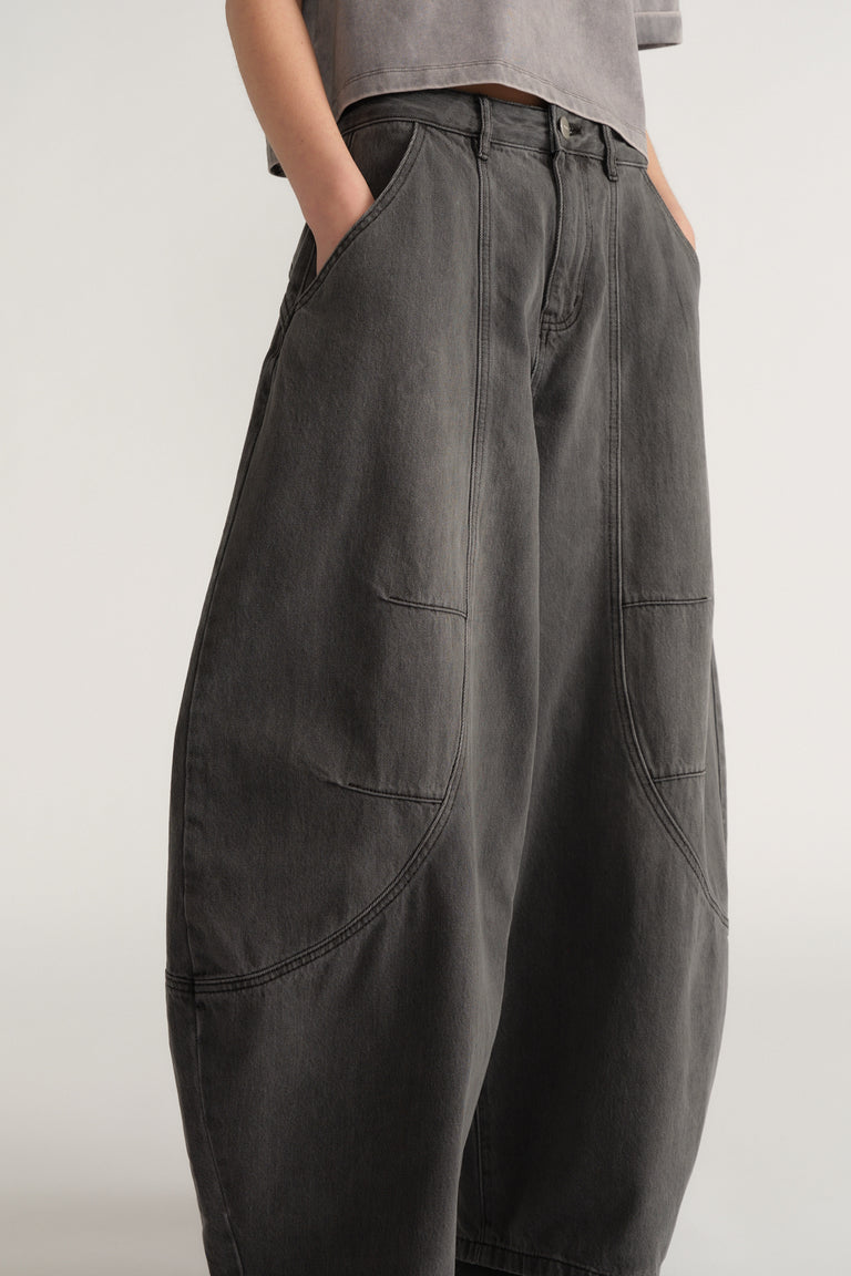 High-rise dark gray wide-leg denim jeans with detailed seam accents and front and back pockets