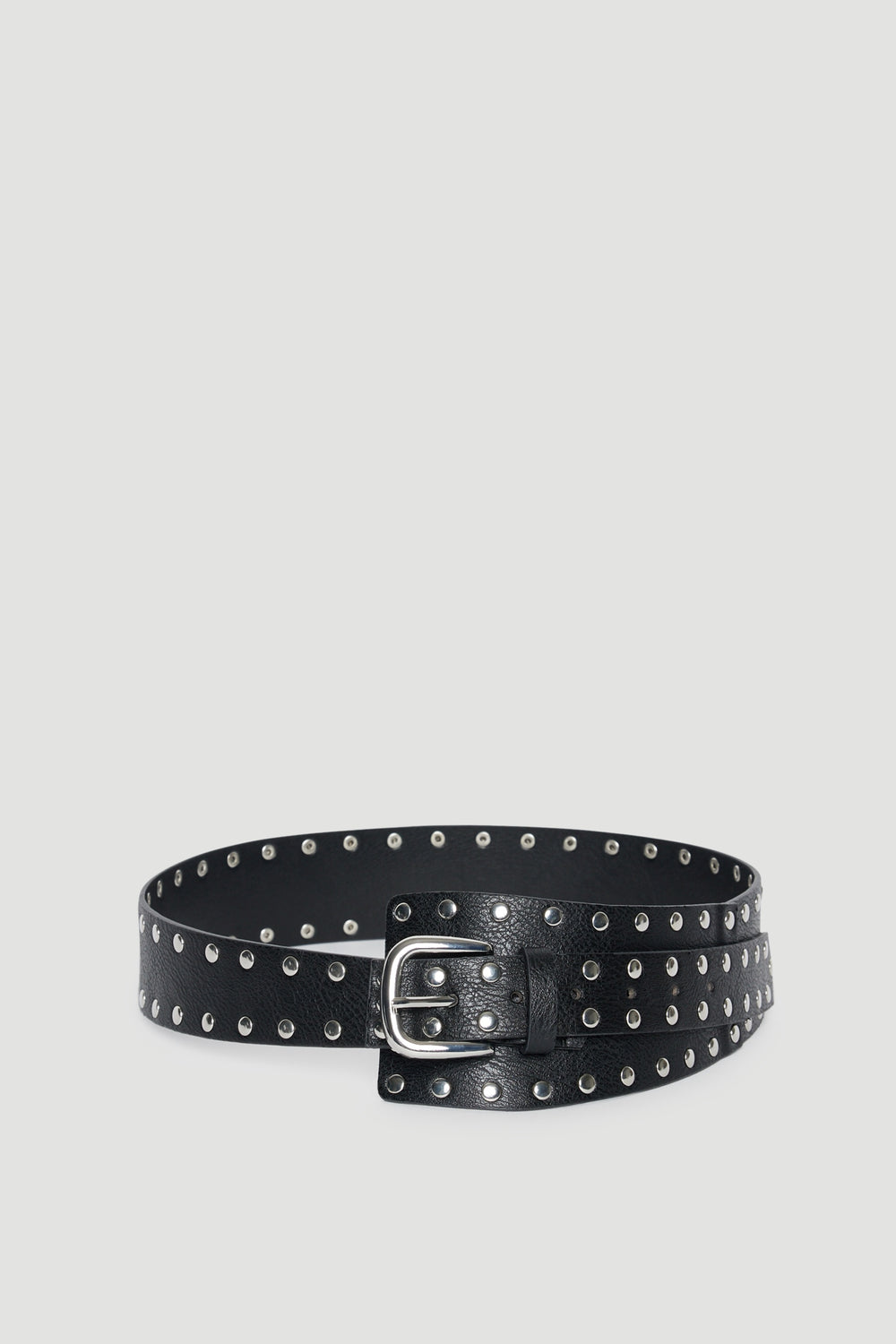 Black studded belt with an oversized silver buckle and double rows of metal detailing