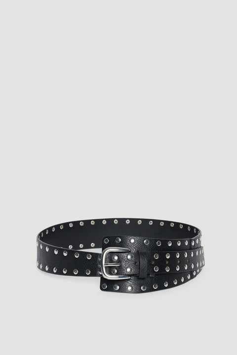 Black studded belt with an oversized silver buckle and double rows of metal detailing