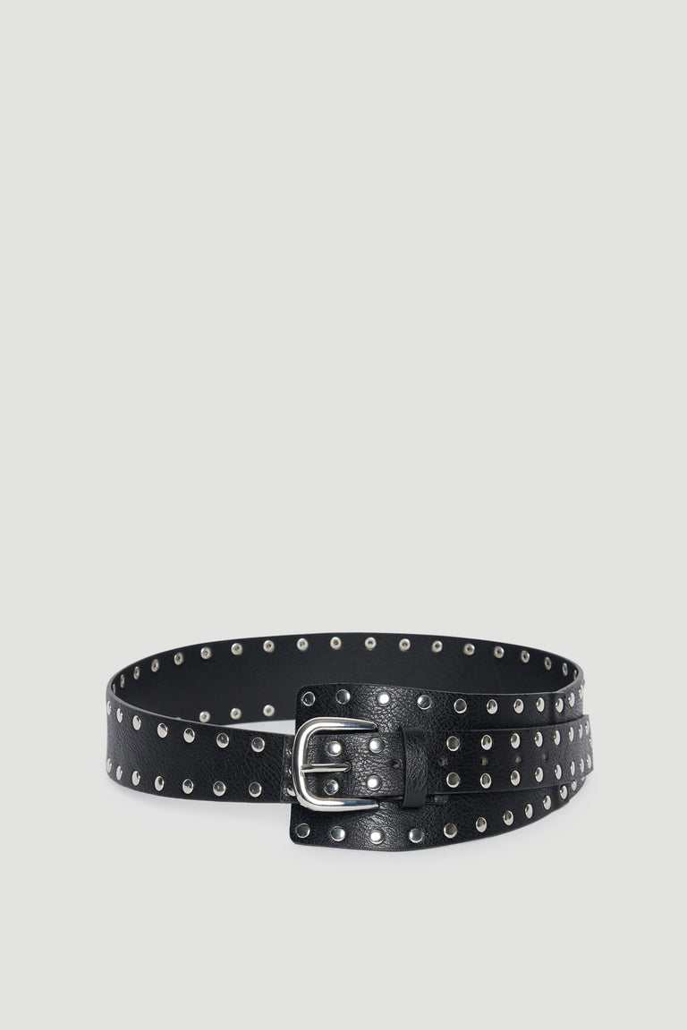 Black studded belt with an oversized silver buckle and double rows of metal detailing