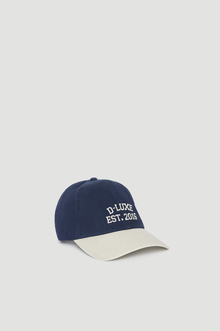 Navy and beige baseball cap with embroidered logo and adjustable strap for a comfortable fit