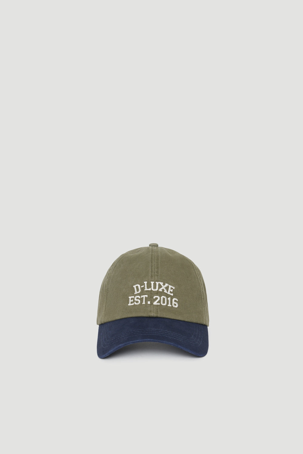 Two-tone baseball cap with embroidered logo and adjustable strap in olive green and navy blue colors