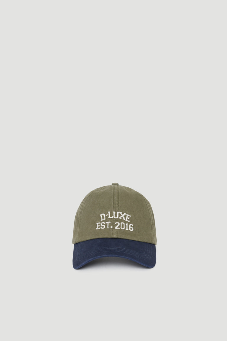Two-tone baseball cap with embroidered logo and adjustable strap in olive green and navy blue colors