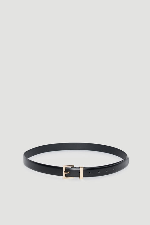 Black slim belt with a small gold buckle and adjustable fastening holes