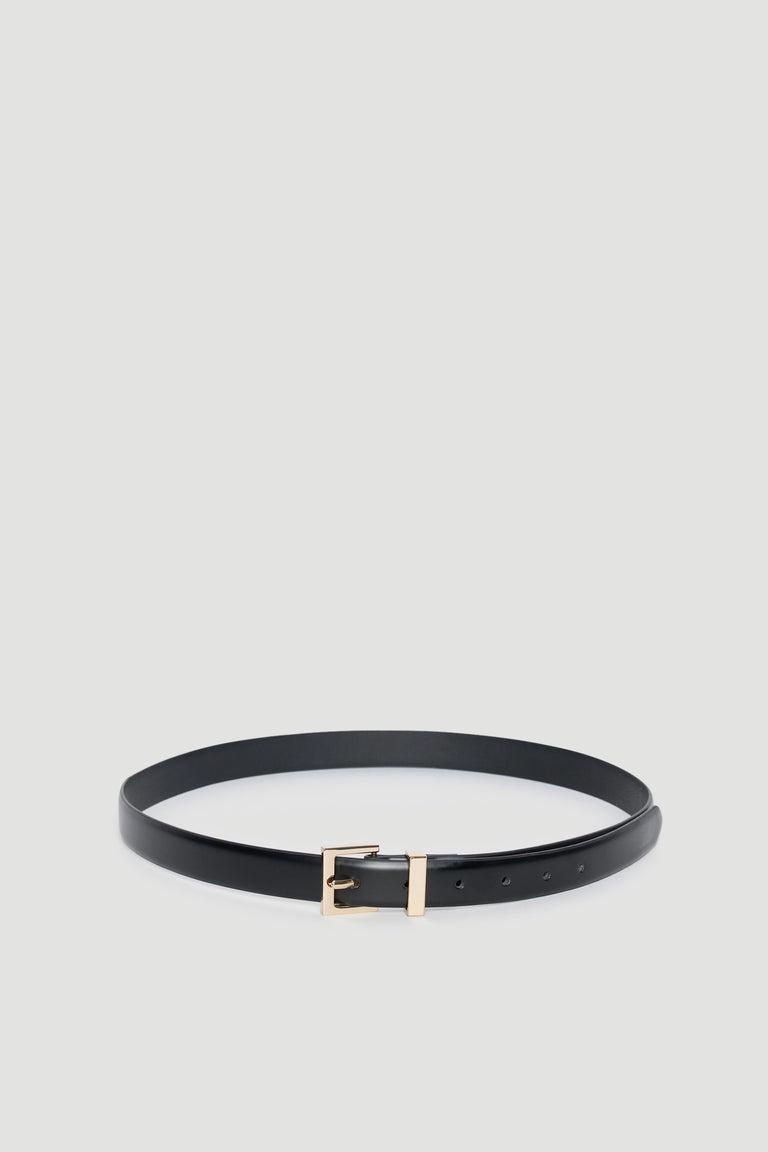 Black slim belt with a small gold buckle and adjustable fastening holes