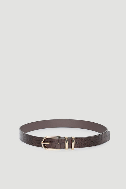 Chocolate brown croc-textured belt with gold hardware and a regular buckle closure