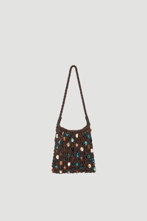 Brown handwoven handbag decorated with multicoloured gemstones