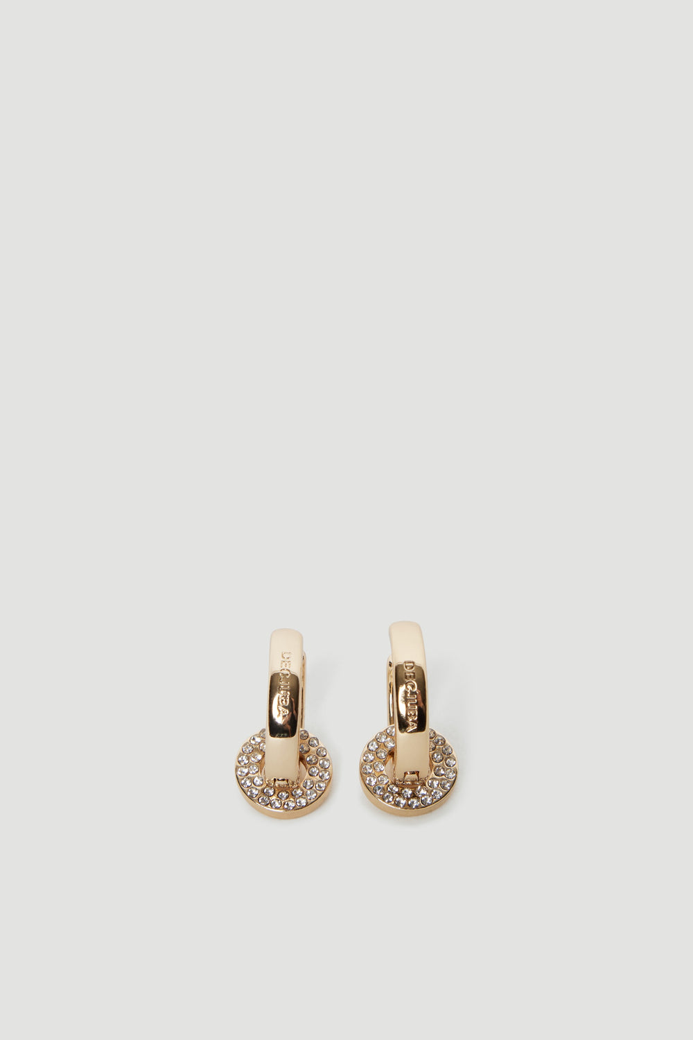 Gold-toned hoop earrings with rhinestone-encrusted circular pendants and engraved logo detail for everyday elegance